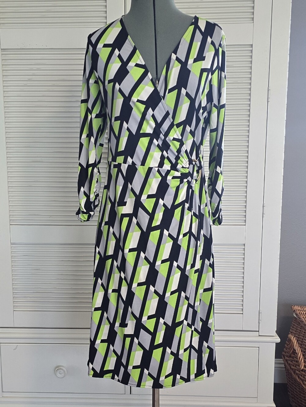 Alfani Geometric Wrap Dress - Lime Green, Black & White